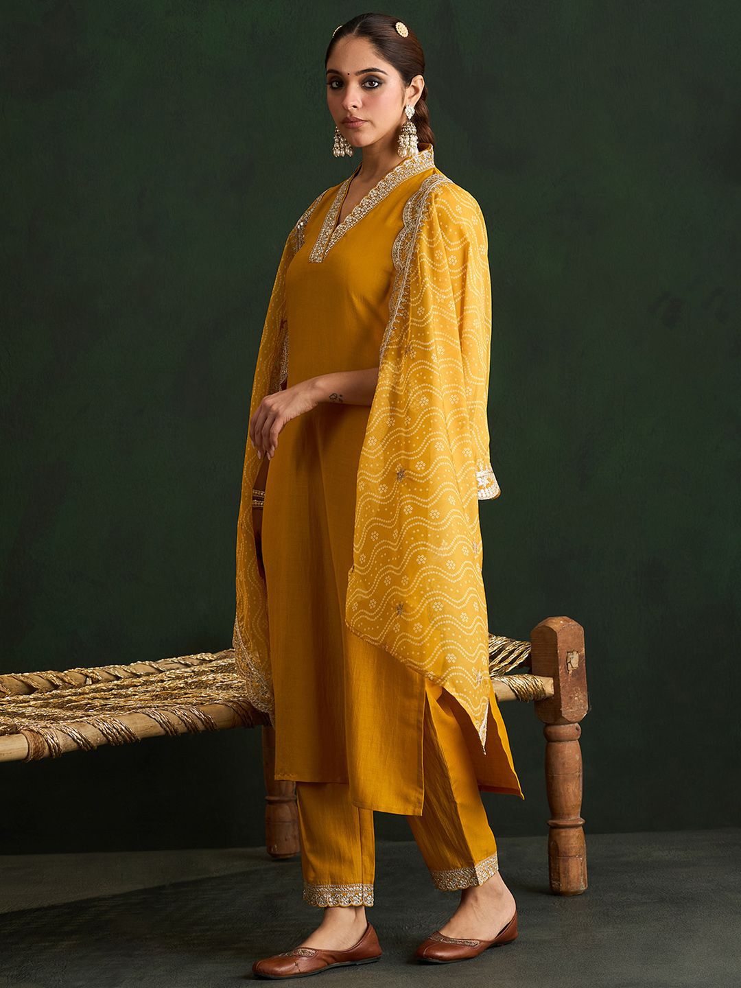 Indo Era Mustard Yellow Floral Embroidered V-Neck Straight Kurta with Trousers & Dupatta
