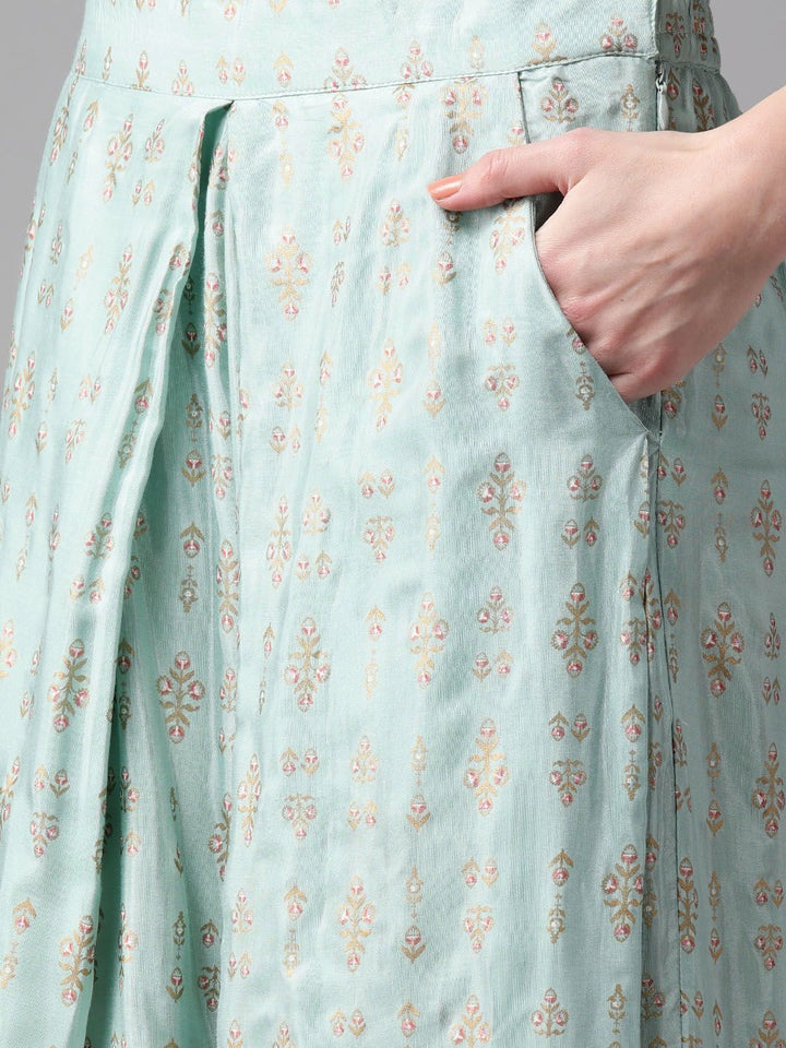 W Women Blue & Peach-Coloured Printed Top with  With Attached Dupatta