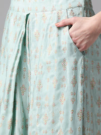 W Women Blue & Peach-Coloured Printed Top with  With Attached Dupatta