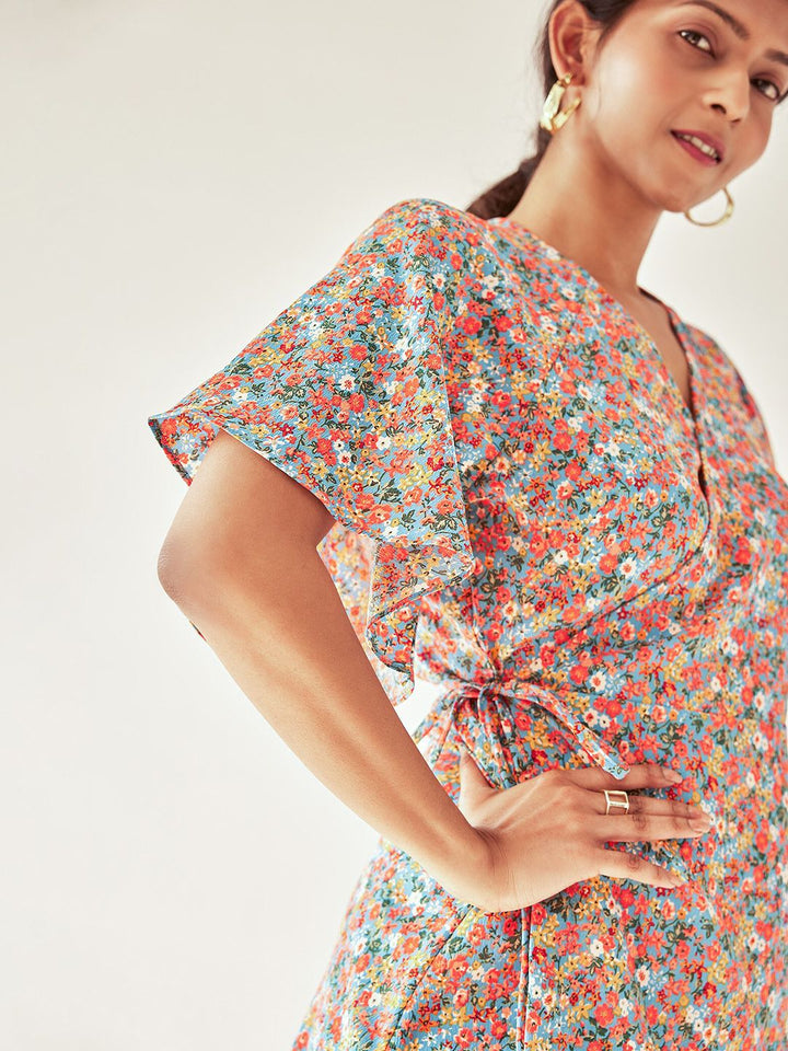 The Label Life V-Neck Floral Print Flared Sleeve Dress
