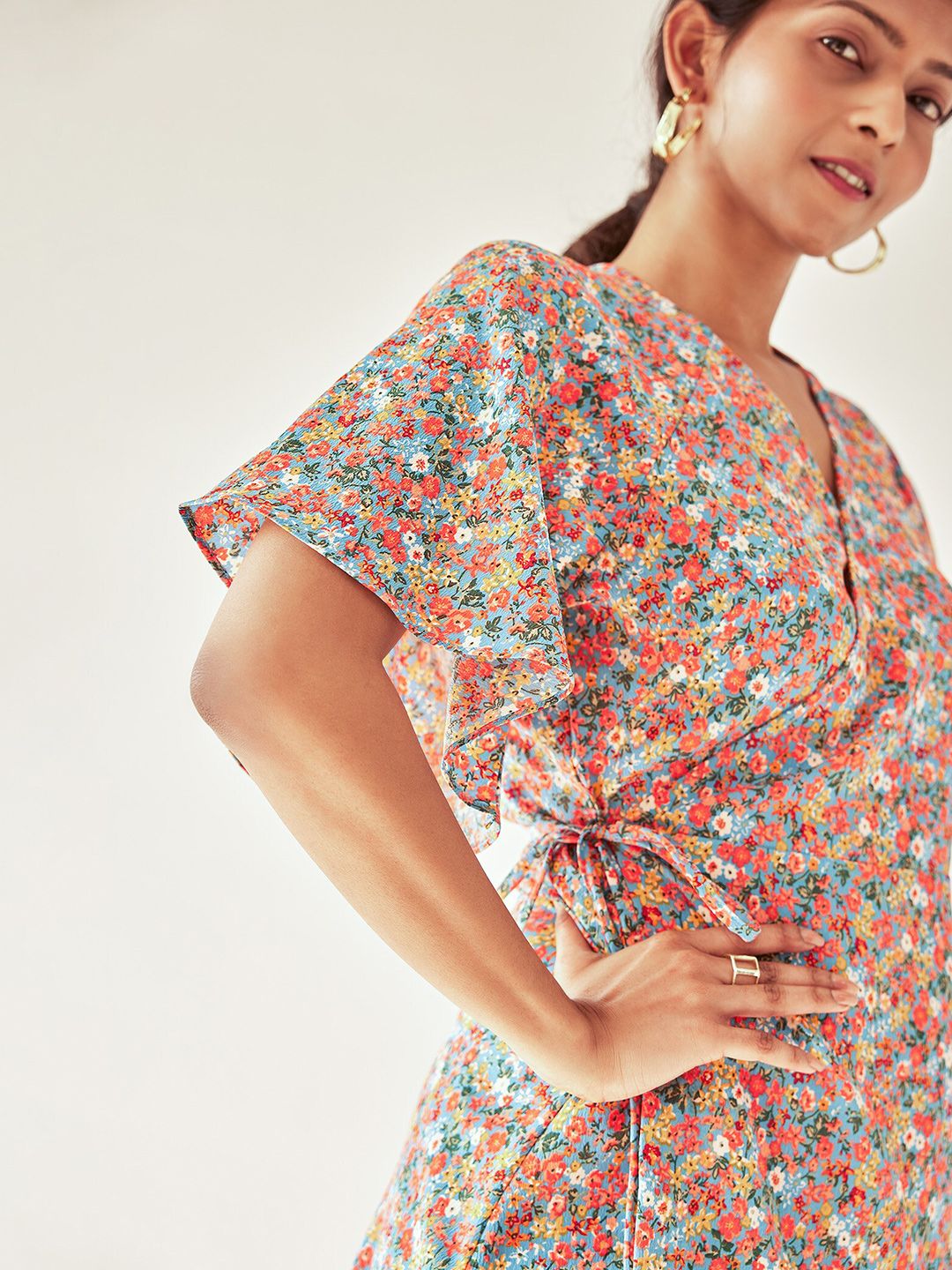 The Label Life V-Neck Floral Print Flared Sleeve Dress