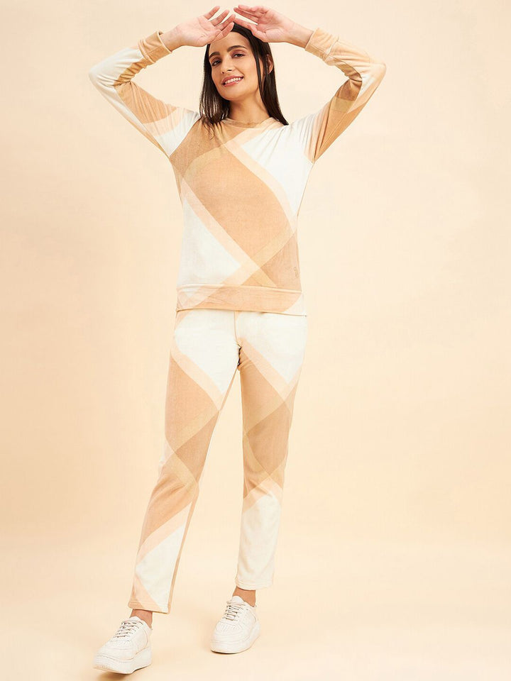 Sweet Dreams Beige & White Colourblocked Mid-Rise Tracksuits