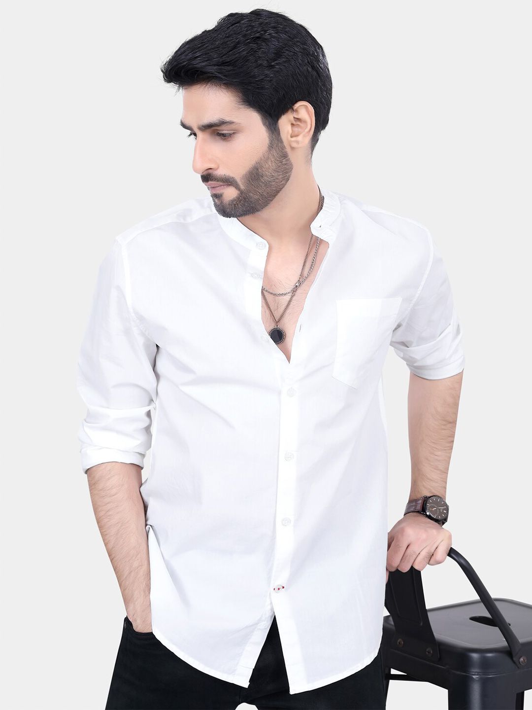 VASTRADO Classic Mandarin Collar Long Sleeves Slim Fit Casual Shirt