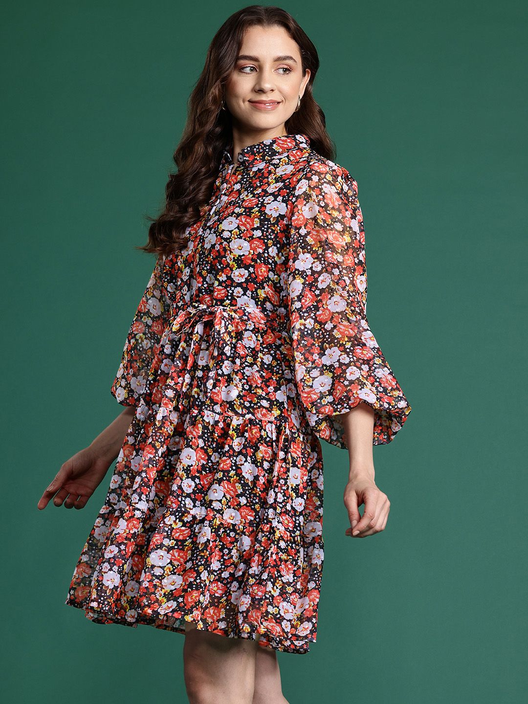 DressBerry Floral Print Puff Sleeves Shirt Dress