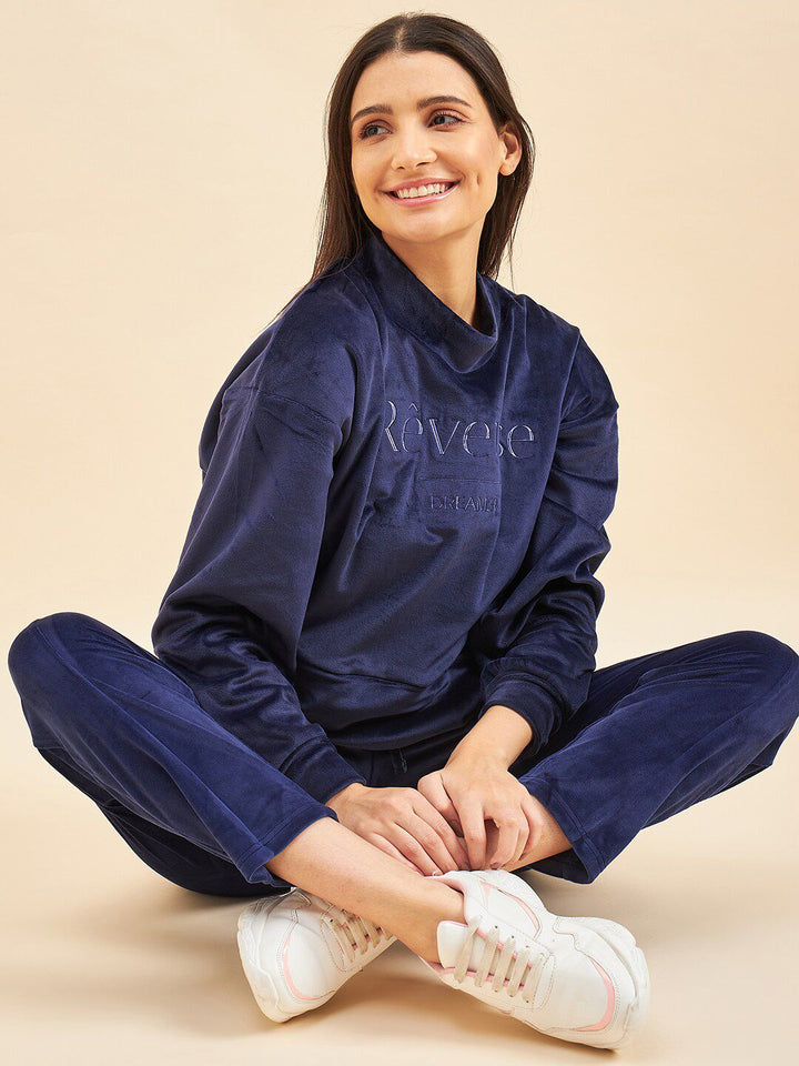Sweet Dreams Navy Blue Typography Printed Mock Collar Tracksuit