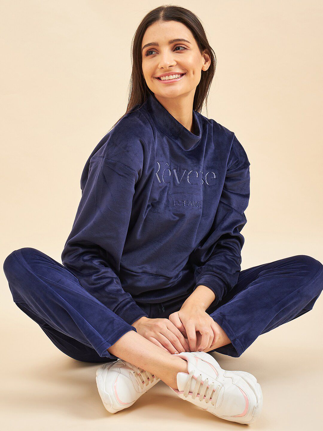 Sweet Dreams Navy Blue Typography Printed Mock Collar Tracksuit