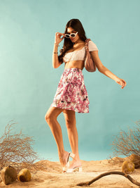 Berrylush Pink Floral Printed Layered Mini Skirt