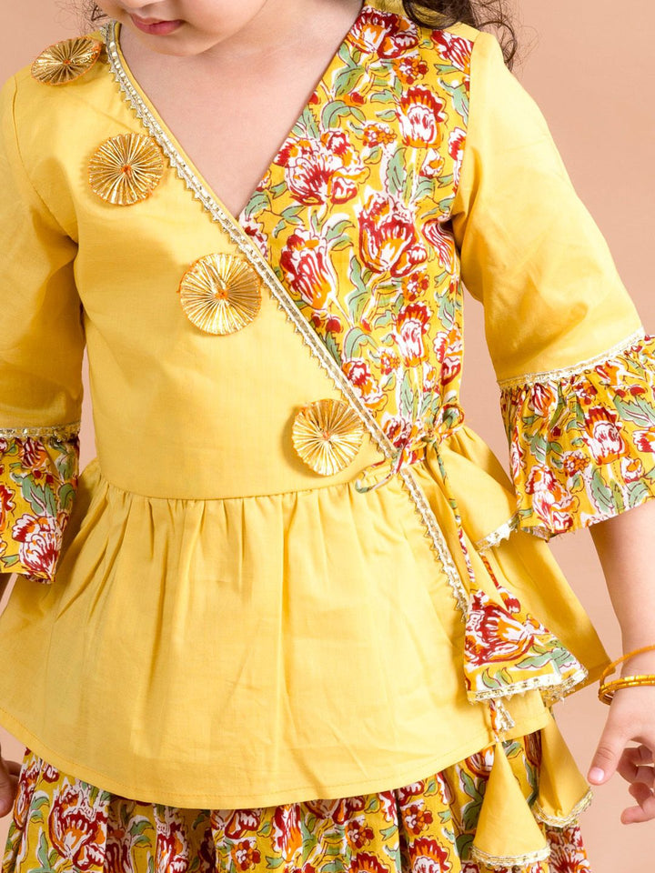 pspeaches Girls Mustard Yellow Floral Printed Angrakha Pure Cotton Kurti With Palazzos