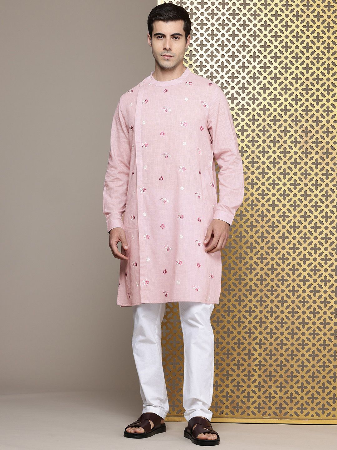 House of Pataudi Floral Embroidered Band Collar Pure Cotton Jashn Kurta