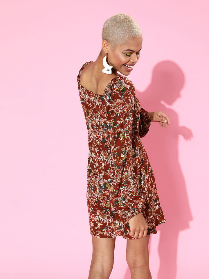 Berrylush Women Charming Maroon Floral Sweetheart Neck Dress