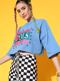 STREET 9 Women Blue Printed Cotton Drop-Shoulder Sleeves Bio Finish Boxy T-shirt