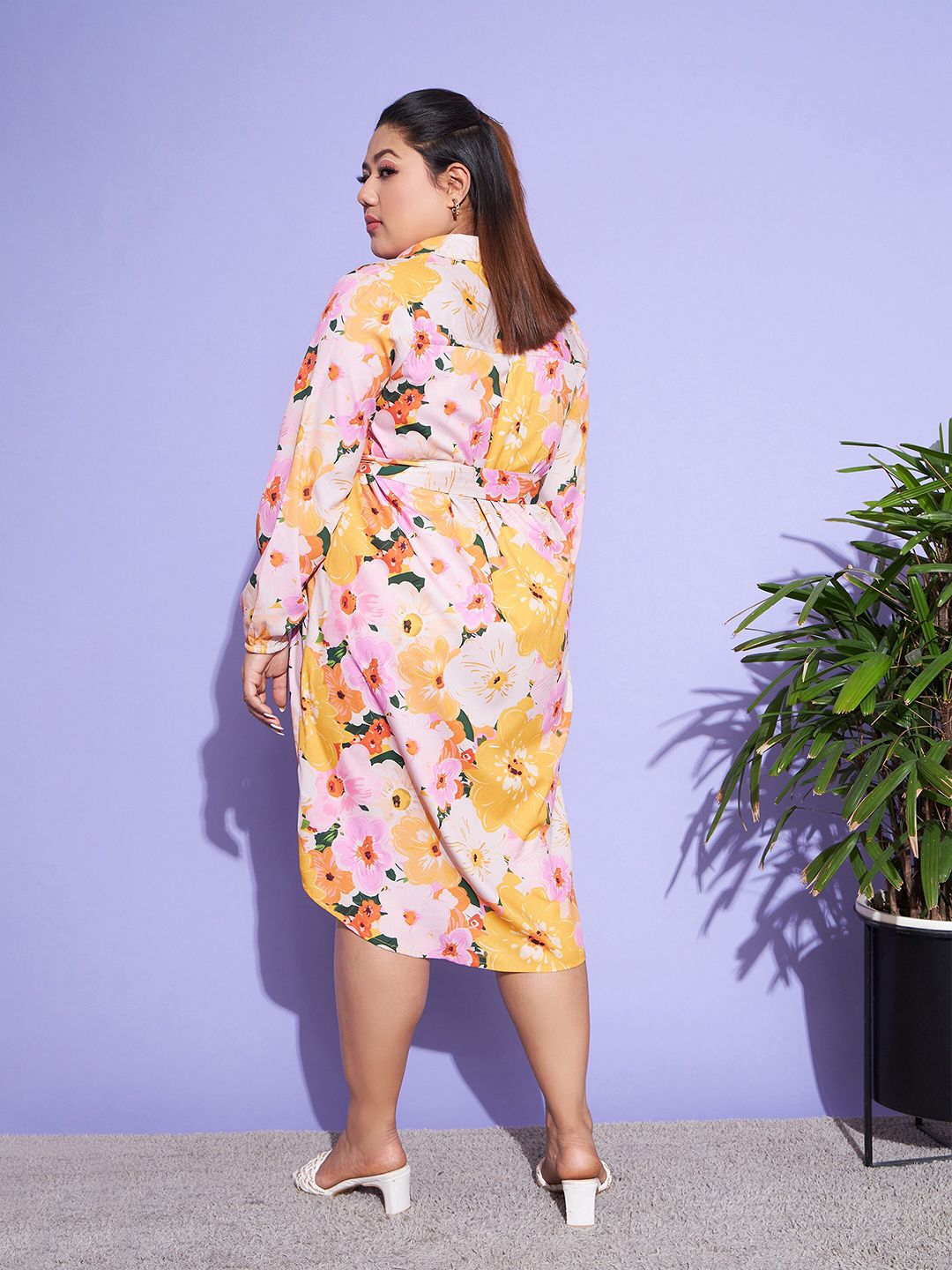 SASSAFRAS Curve Orange Plus Size Floral Printed Puff Sleeves Belted Shirt Dress