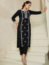 Indo Era Floral Embroidered Round Neck Straight Kurta