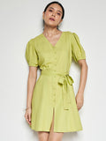 AND Puff Sleeves V-Neck Belted Linen A-Line Dress