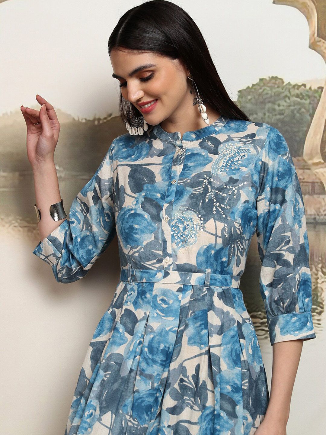 Vishudh Floral Print A-Line Midi Dress