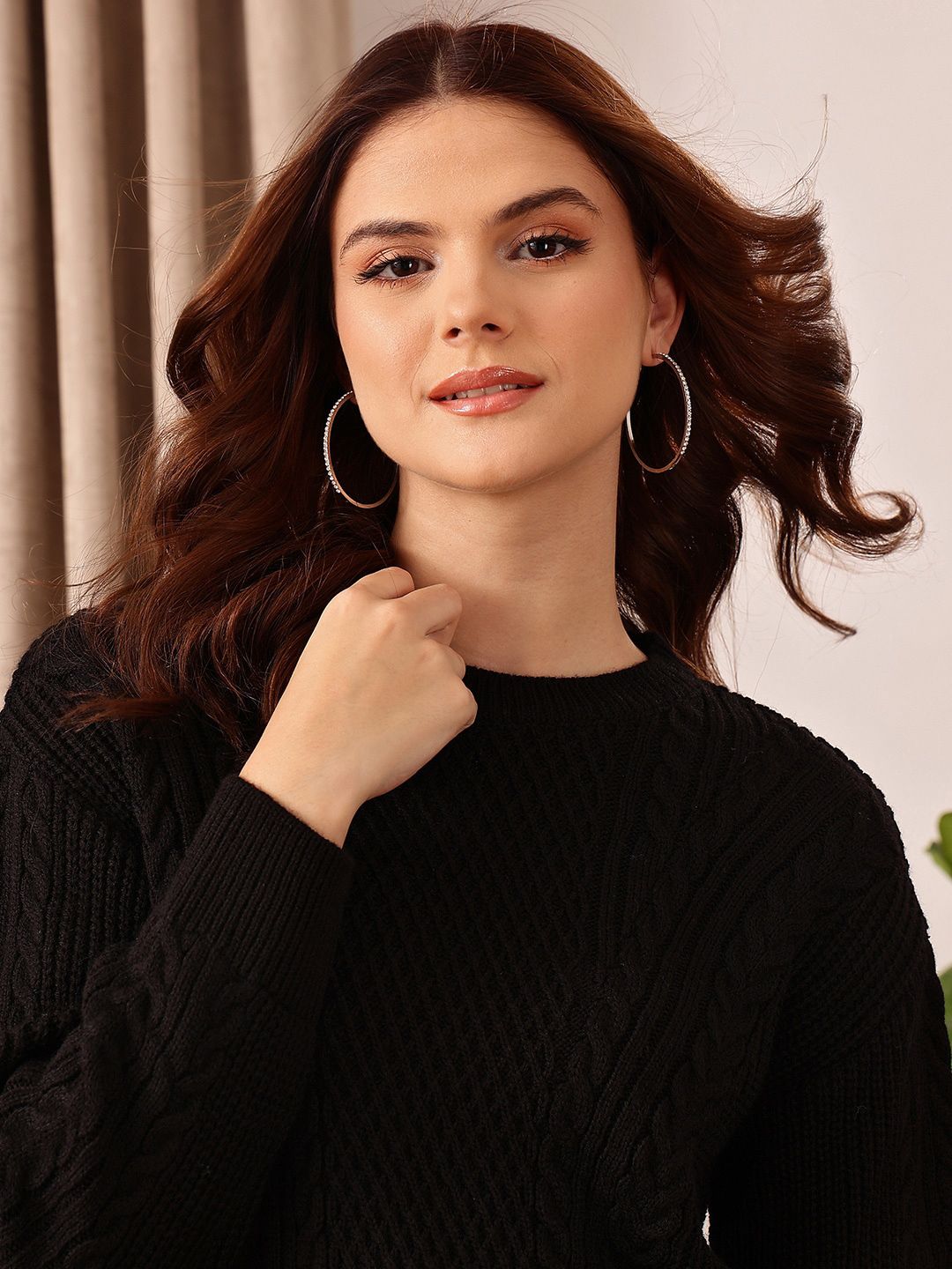 STREET 9 Black Cable Knit Self Design Acrylic Pullover Sweater