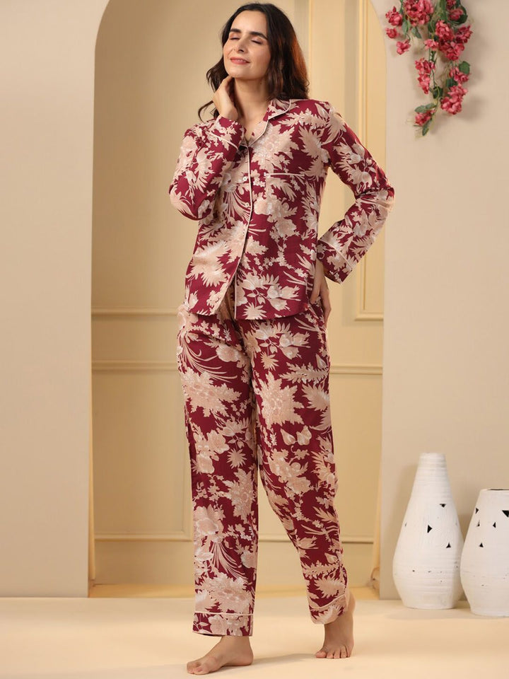 SANSKRUTIHOMES Maroon & Beige Floral Printed Pure Cotton Night Suit
