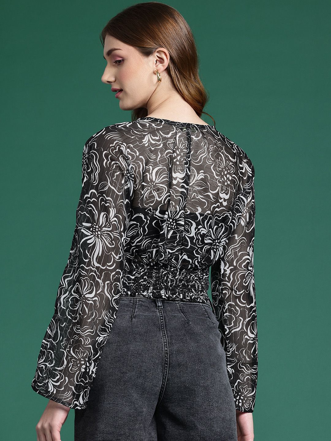 DressBerry Printed Twisted-Detail Smocked Crop Top