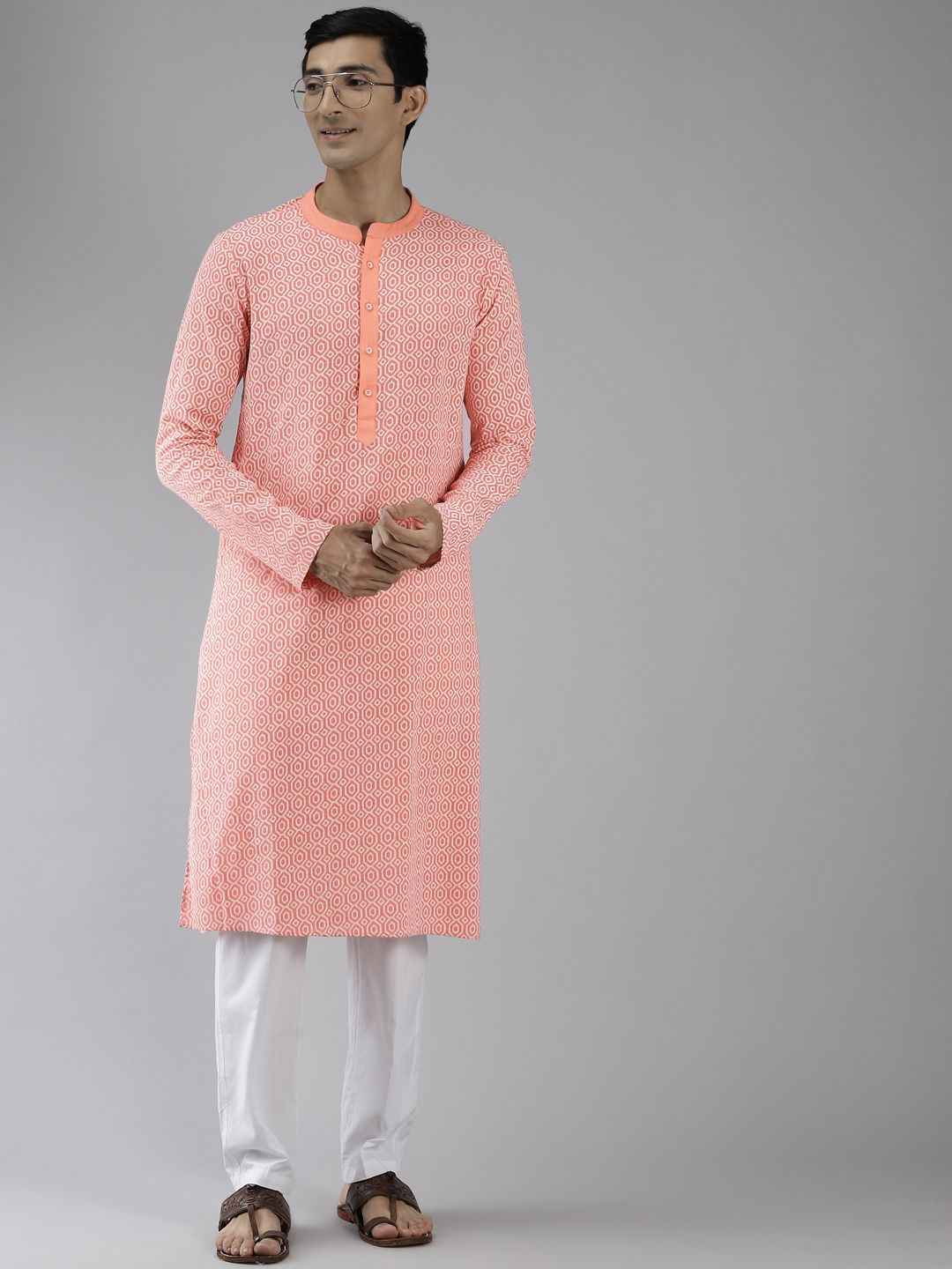 See Designs Men Coral Pink Printed Pure Cotton Kurta with Trousers