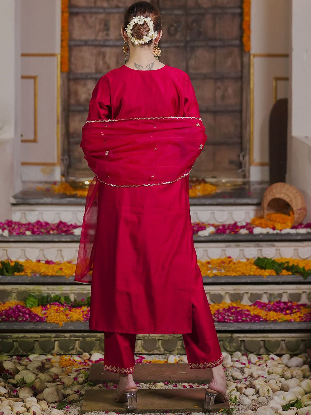 Indo Era Embroidered Sequinned Straight Kurta With Trousers & Dupatta