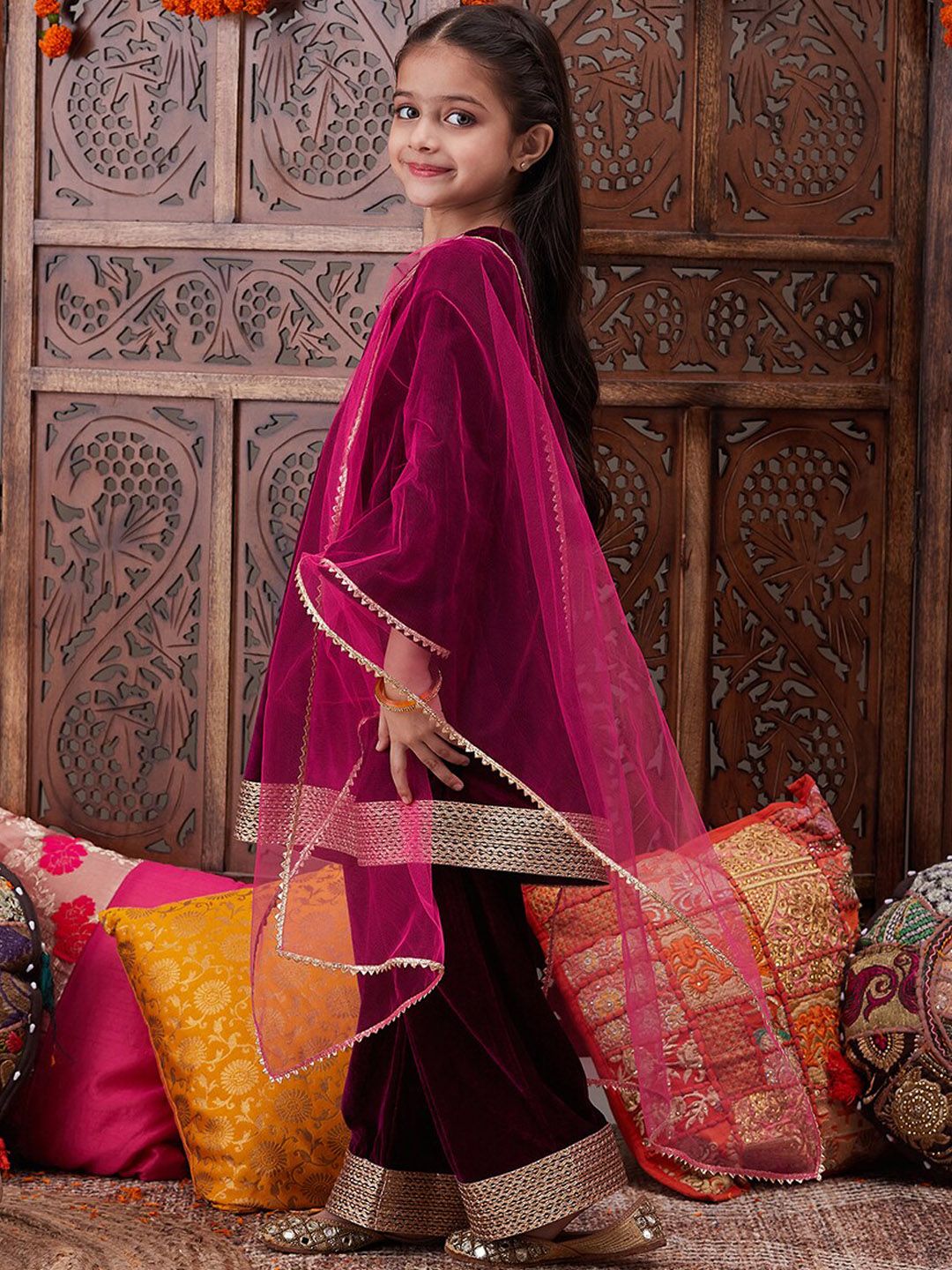 pspeaches Girls Gotta Patti Velvet Kurta With Palazzos & Dupatta