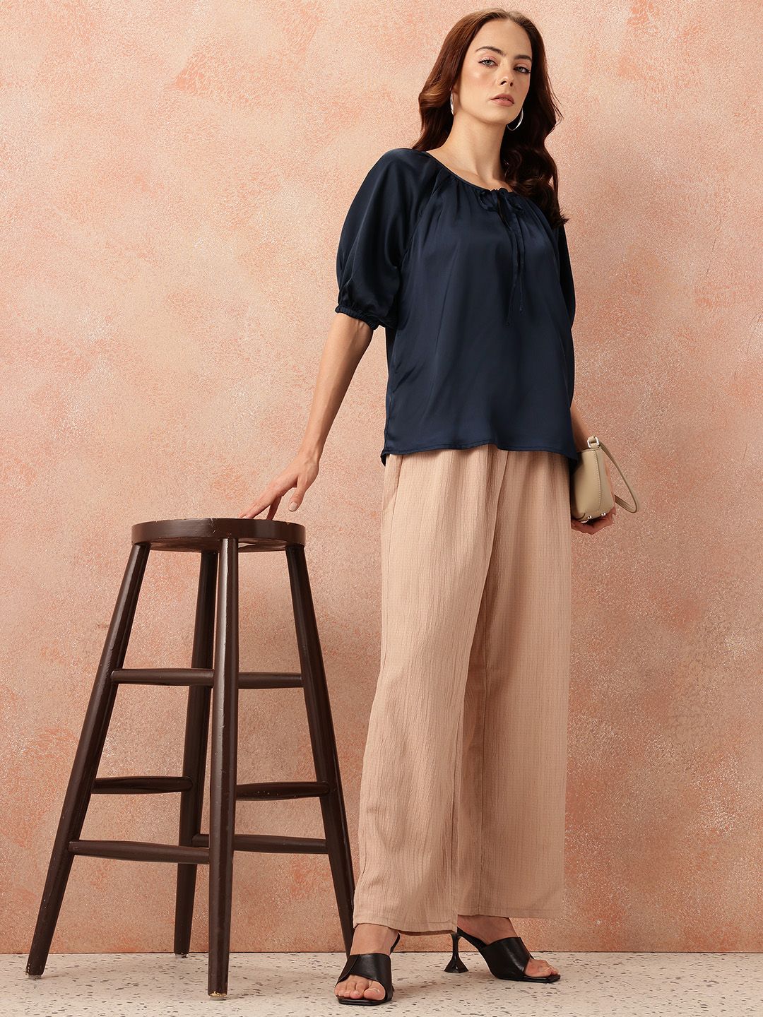 all about you Tie-Up Neck Puff Sleeves Gathered Detail Satin-Finish Top