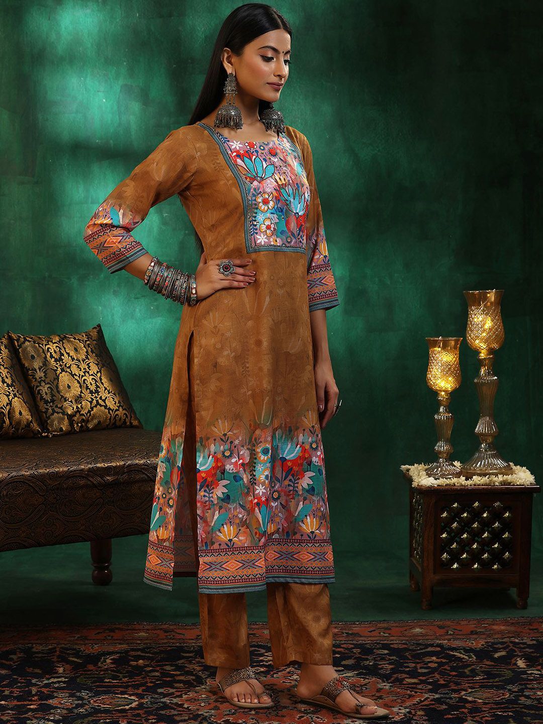 Libas Floral Printed Regular Sequinned Linen Straight Kurta with Trousers & Dupatta