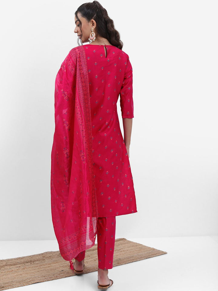 Vishudh Pink & Blue Ethnic Motifs Printed Straight Kurta with Trousers & With Dupatta