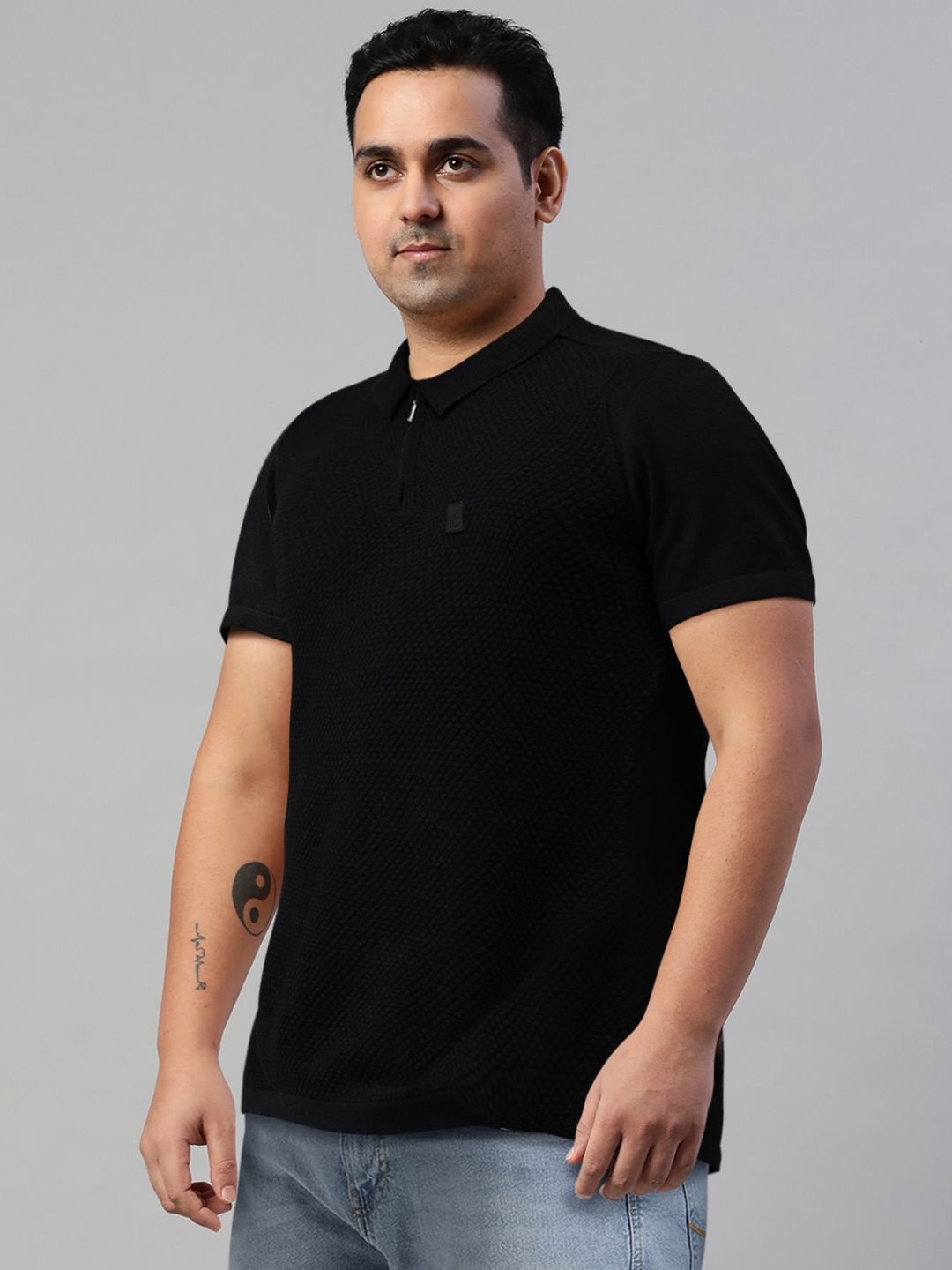 THE BEAR HOUSE Ardor Edition Men Black Self Design Cotton Polo Collar Slim Fit T-shirt