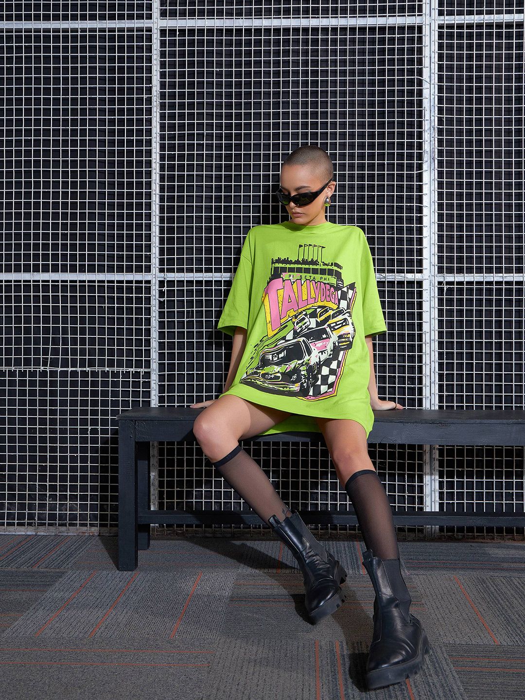 SASSAFRAS Green Graphic Printed Pure Cotton Oversized T-Shirt Dress