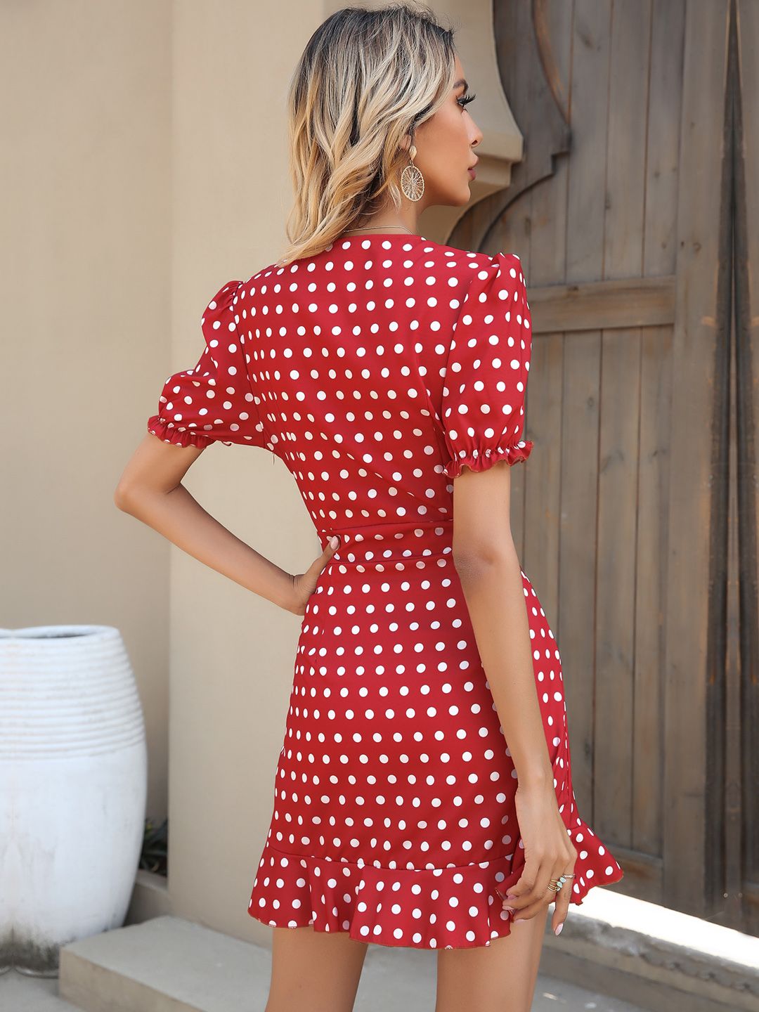 DressBerry Polka Dot Print Puff Sleeve Sheath Dress