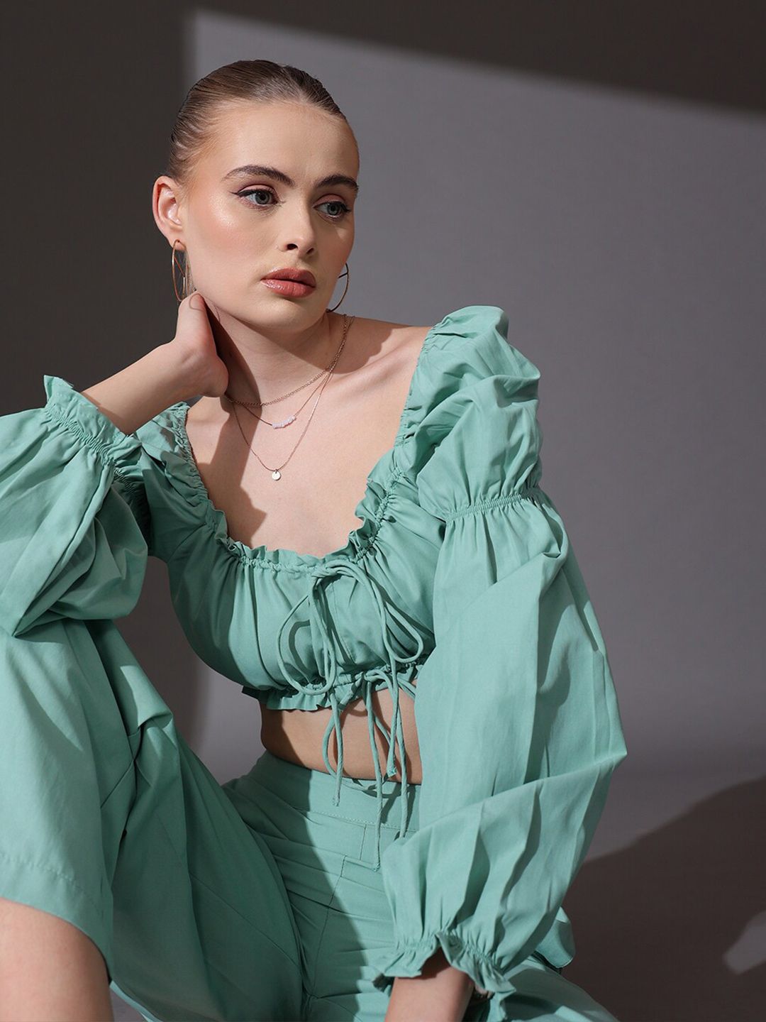 STREET 9 Sweetheart Neck Puff Sleeve Cotton Top