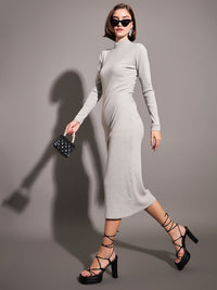 SASSAFRAS Grey Mock Neck A-Line Midi Dress