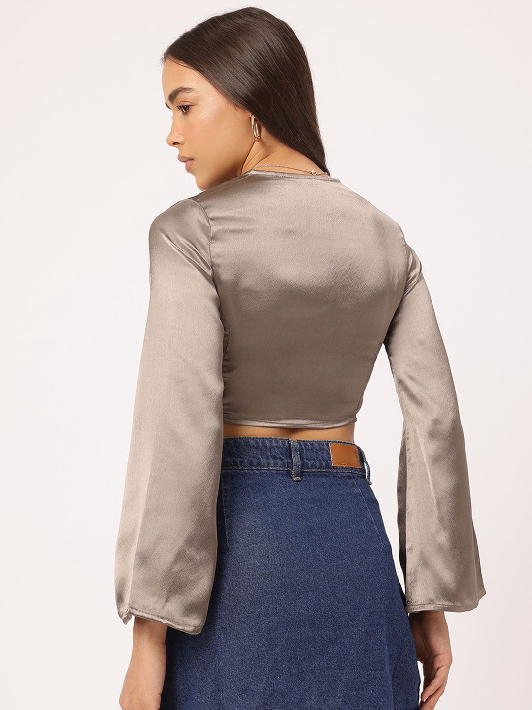 DressBerry Satin Dream Embroidered Trims Flared Sleeve Crop Top