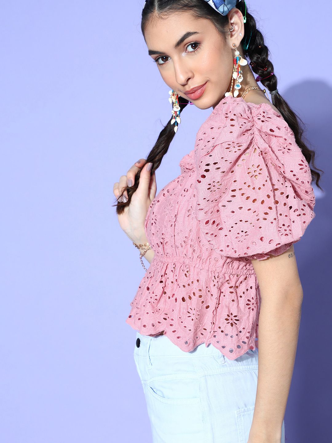 Athena Women Pretty Pink Self-Design Schiffli Top