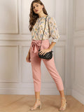 all about you Women Pink Solid Cropped Regular Trousers with Waist Tie-Up detail