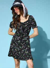 Berrylush Women Stylish Black Floral Tiered Dress