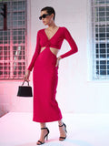 SASSAFRAS Pink V-Neck Long Sleeve Cut-Outs Bodycon Maxi Dress