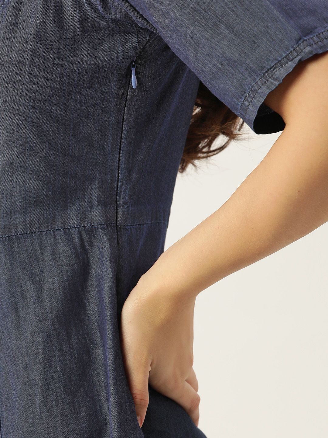 DressBerry Navy Blue Pure Cotton Chambray A-Line Dress