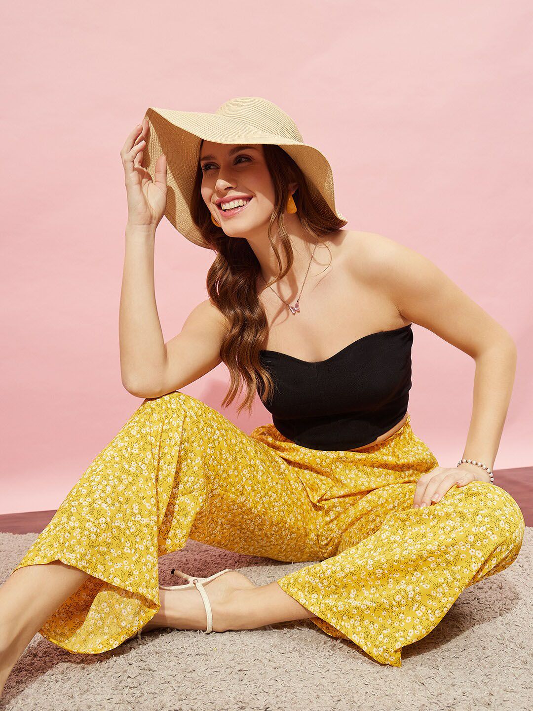 Berrylush Women Yellow Floral Printed Relaxed Straight Leg High-Rise Parallel Trouser