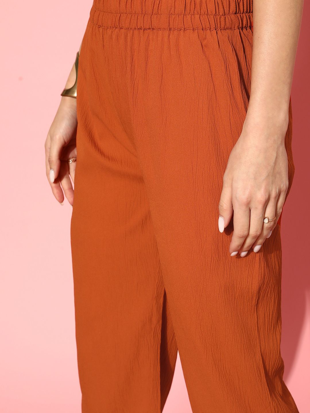 Varanga Rust Flared Sleeve Organza detailed V Neck Textured Kurta with Palazzo