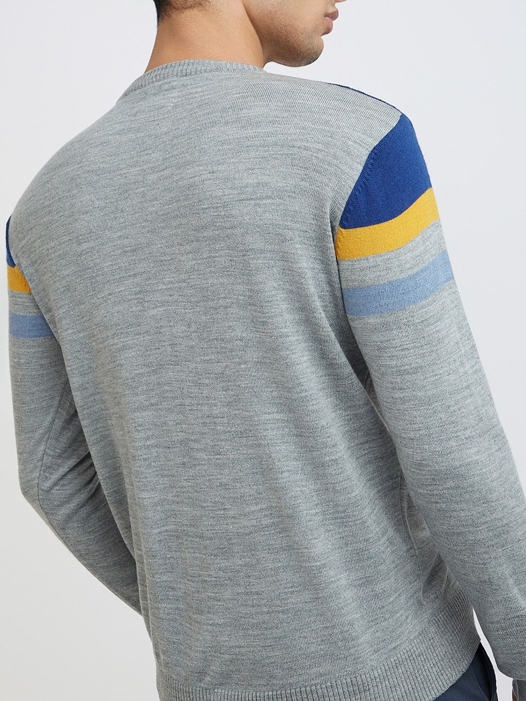 Raymond Men Grey Melange & Blue Colourblocked Pullover