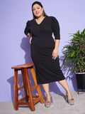 SASSAFRAS Curve Black Plus Size V-Neck Puff Sleeves Sheath Midi Dress