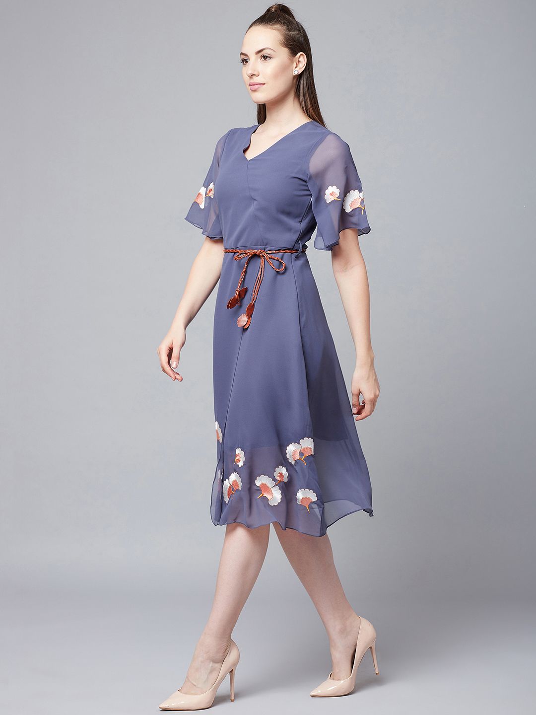 Athena Floral Embroidered V-Neck Belted A-Line Dress