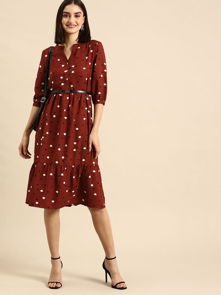 all about you Women Maroon & White Printed V-Neck A-Line Tiered Casual Dress