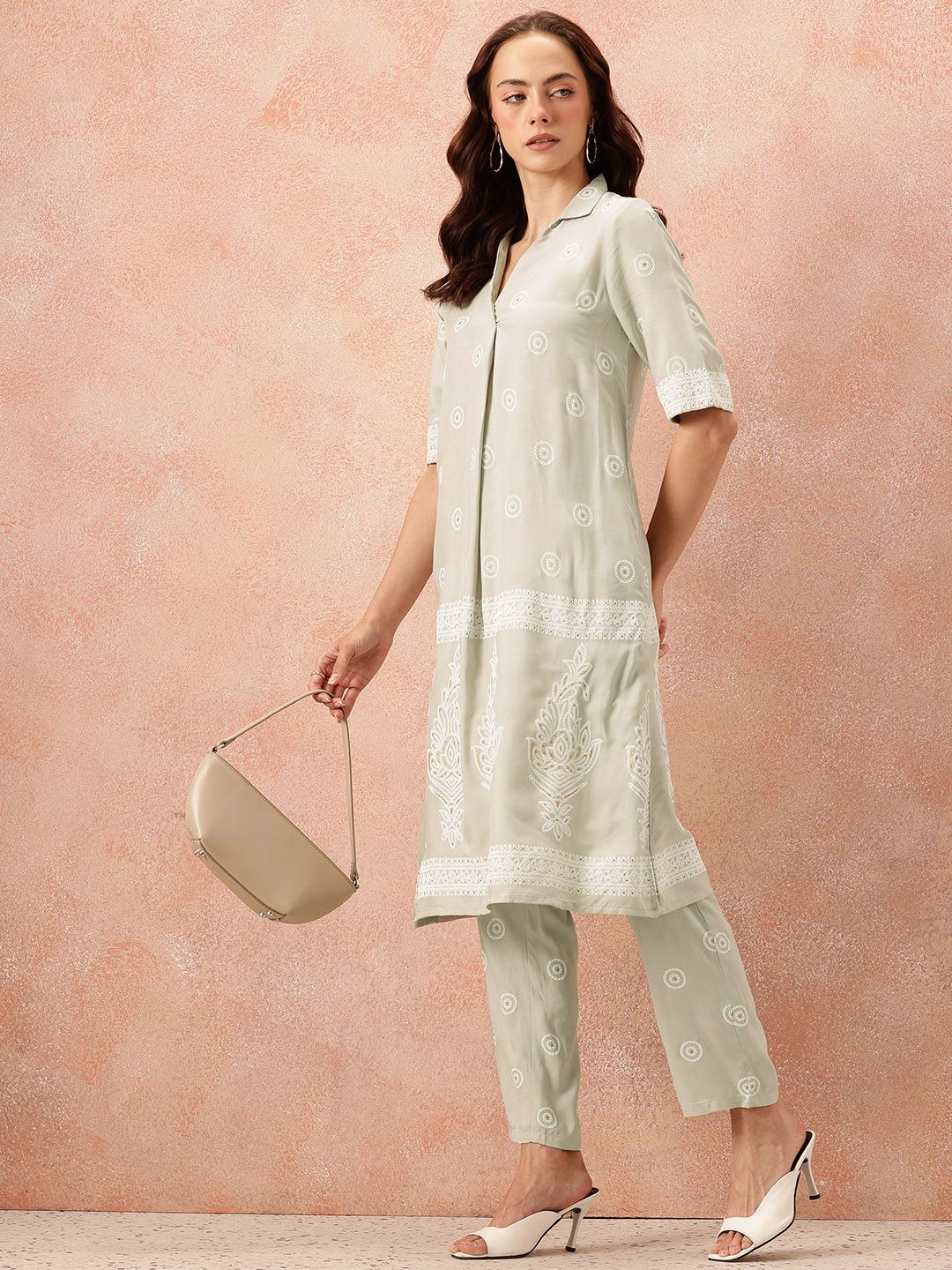 all about you Ethnic Motifs Printed Shirt Collar A-Line Kurta with Trousers