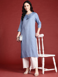 Anouk Woven Design Vertical Stripes Tie-Up Neck Straight Kurta