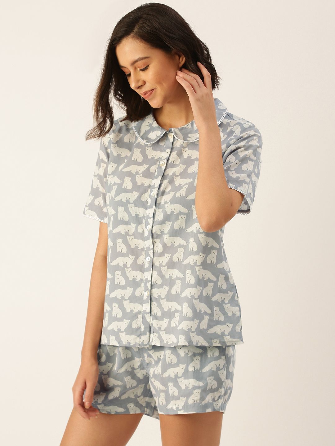 SANSKRUTIHOMES Women Grey & Off White Pure Cotton Printed Shorts Set