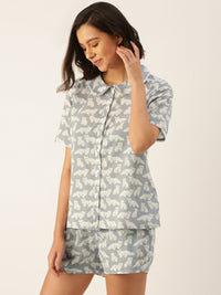 SANSKRUTIHOMES Women Grey & Off White Pure Cotton Printed Shorts Set