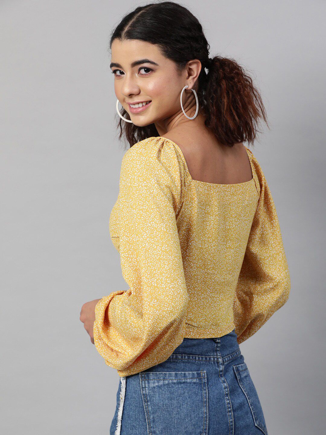 STREET 9 Women Yellow & White Floral Fringed Georgette Regular Crop Top